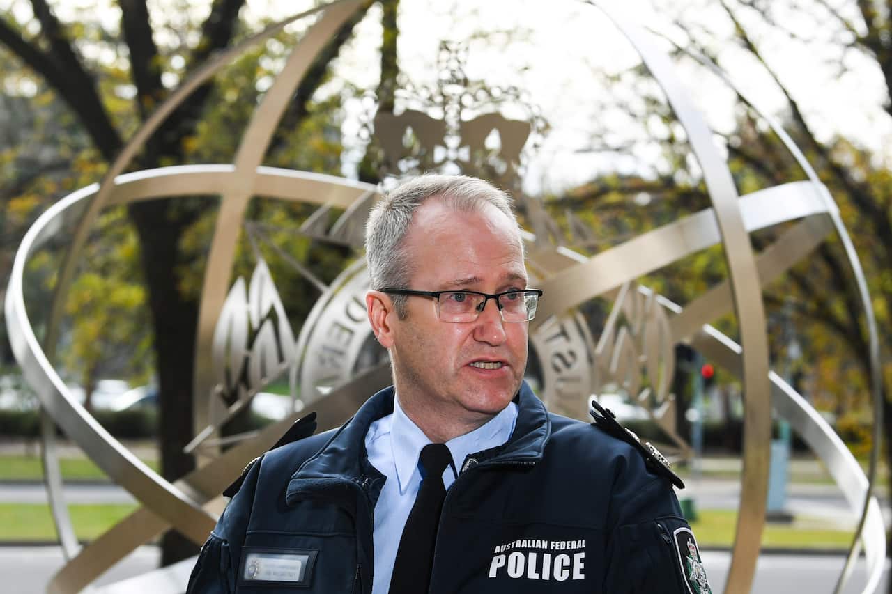 Australian Federal Police (AFP) Deputy Commissioner Investigations Ian McCartney speaks to the media during a press conference in Canberra, Wednesday, May 27, 2019. (AAP Image/Lukas Coch) NO ARCHIVING