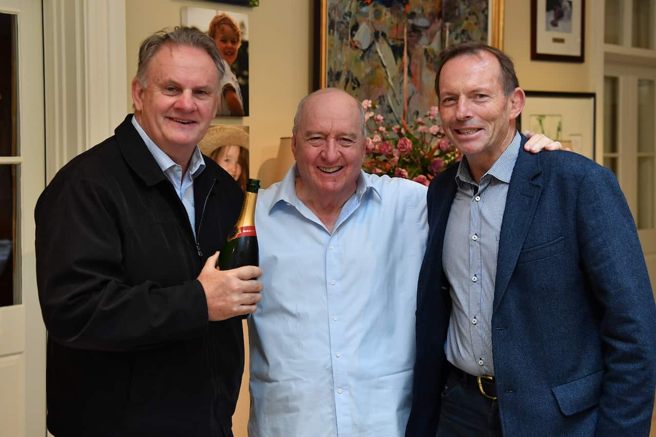 NSW One Nation MP Mark Latham and former prime minister Tony Abbott join broadcaster Alan Jones during his final breakfast show for 2GB in 2020. 