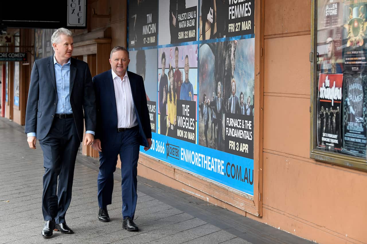 Labor's arts spokesperson Tony Burke (left) and Federal Opposition Leader Anthony Albanese.