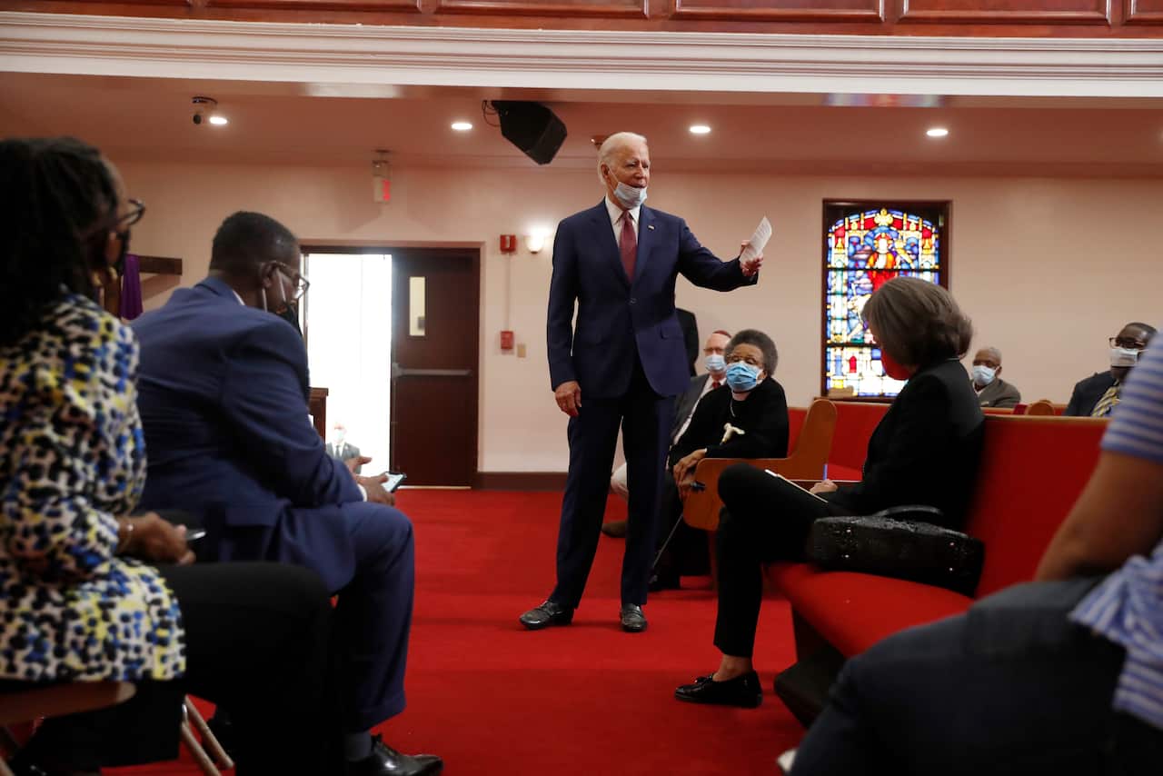 Democratic presidential candidate, former Vice President Joe Biden speaks to members of the clergy and community leaders at Bethel AME Church in Wilmington, Del., Monday, June 1, 2020. (AP Photo/Andrew Harnik)