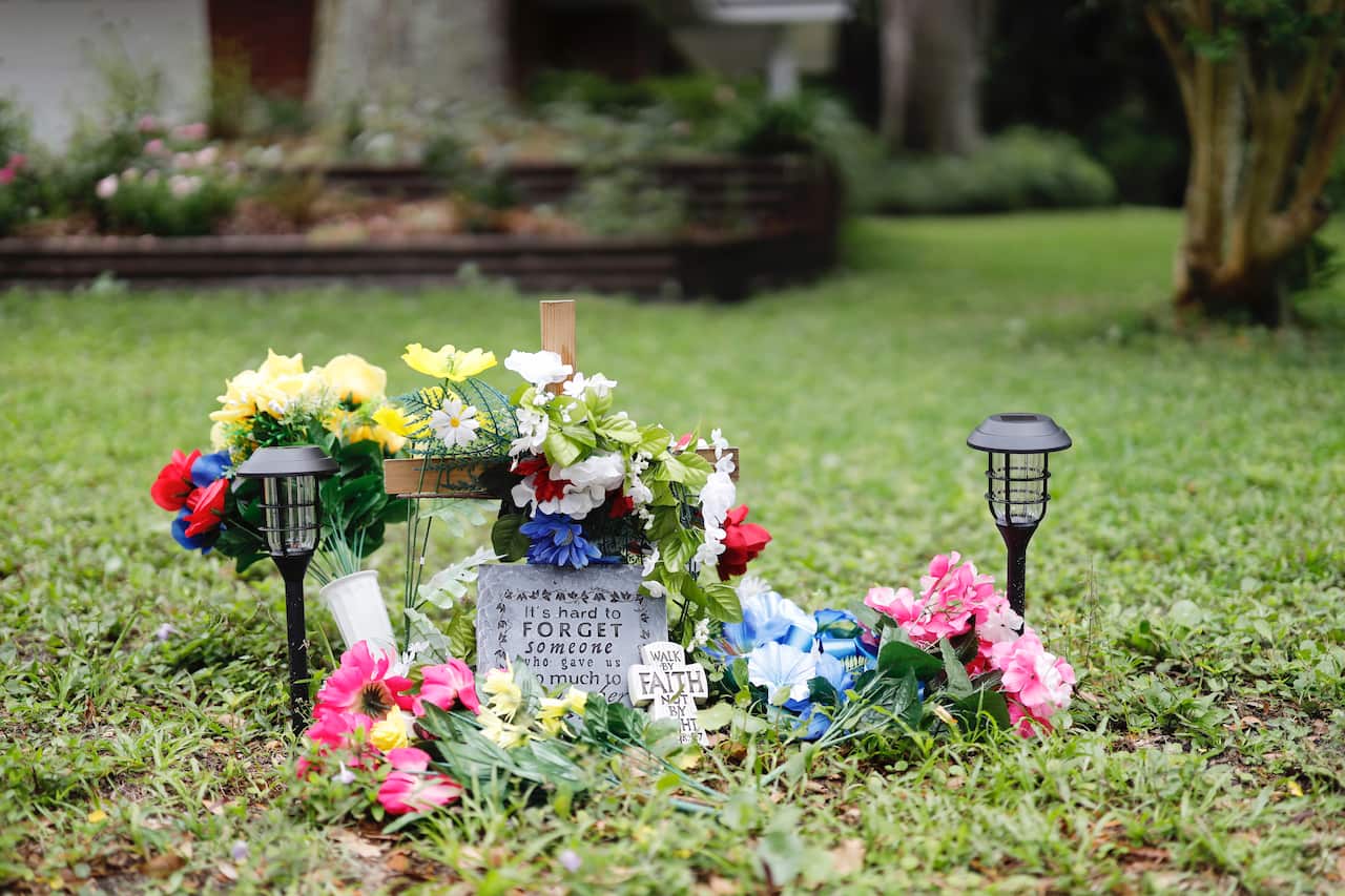 A memorial at the site where Ahmaud Arbery was killed in the Satilla Shores neighbourhood in Georgia.