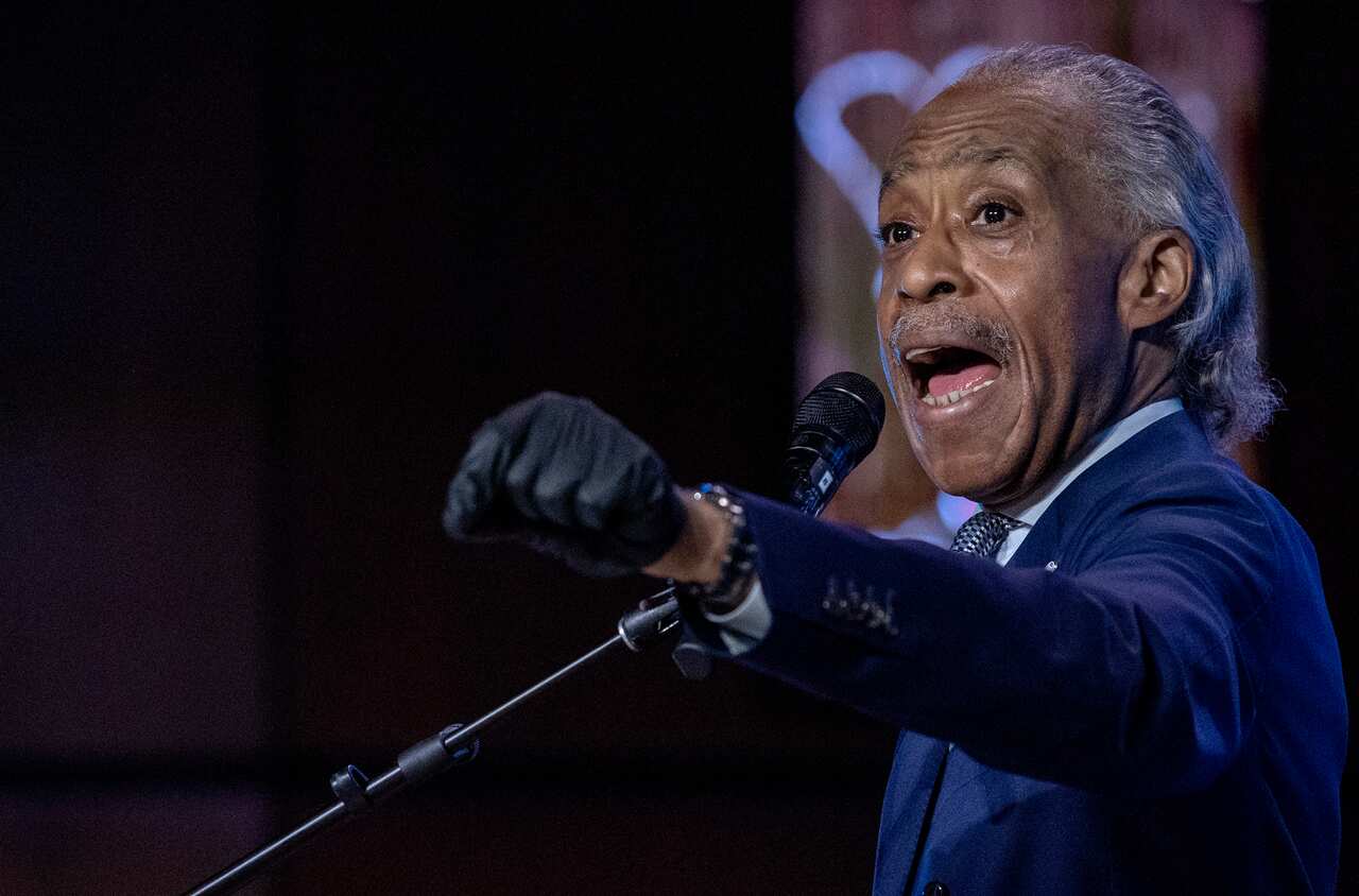 Rev. Al Sharpton speaks during a memorial service for George Floyd at North Central University in Minneapolis.