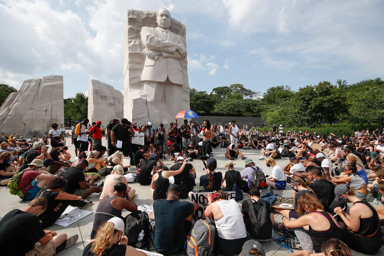 Demonstrators at the Martin Luther King Jr. Memorial in Washington.
