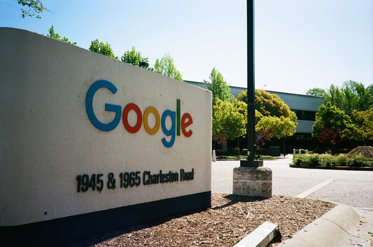 Close-up of sign and logo at the Googleplex, the Silicon Valley headquarters of search engine and technology company Google Inc in Mountain View, California