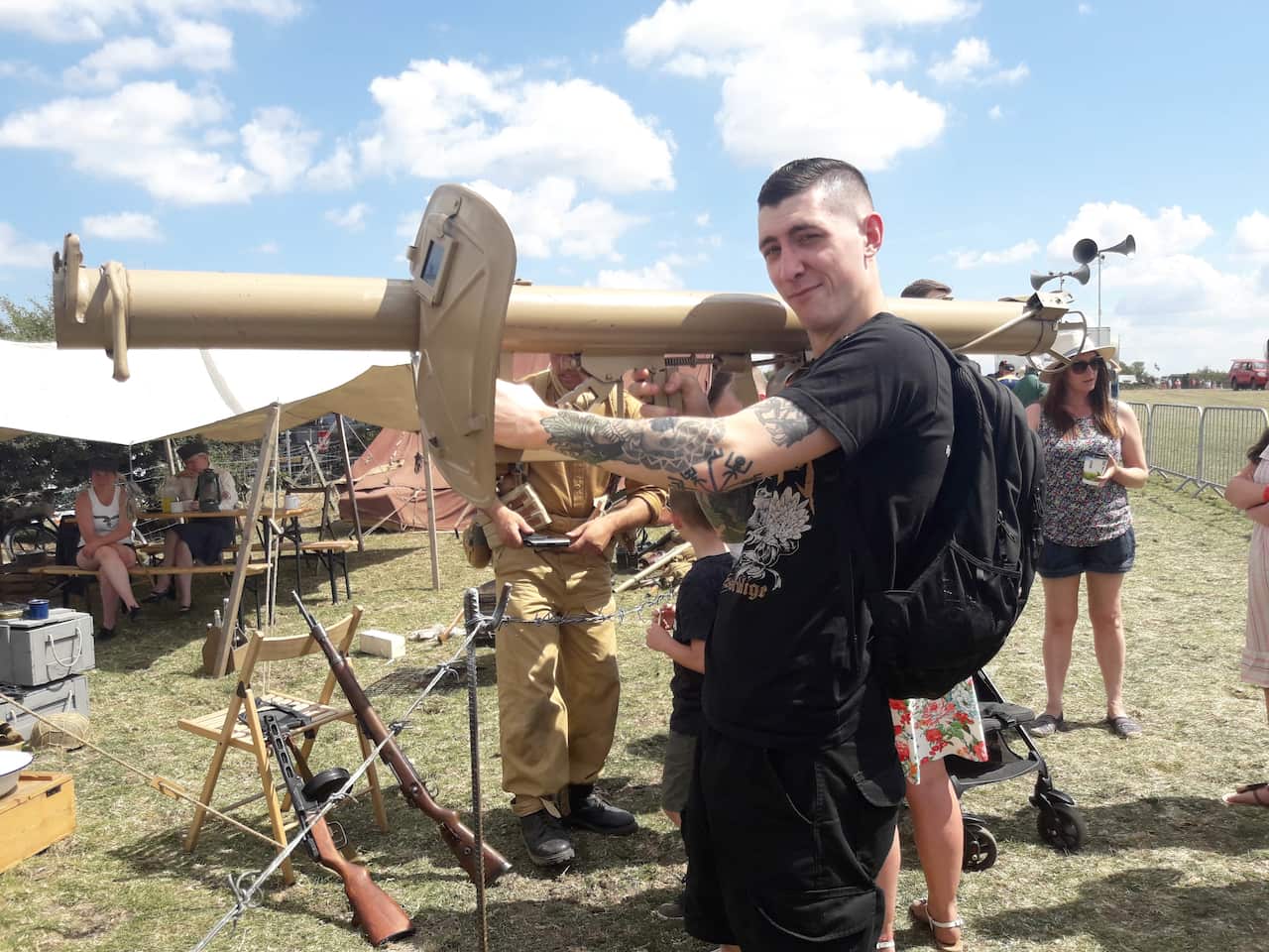 File photo of Mark Jones posing with a German Army Second World War replica anti-tank weapon.
