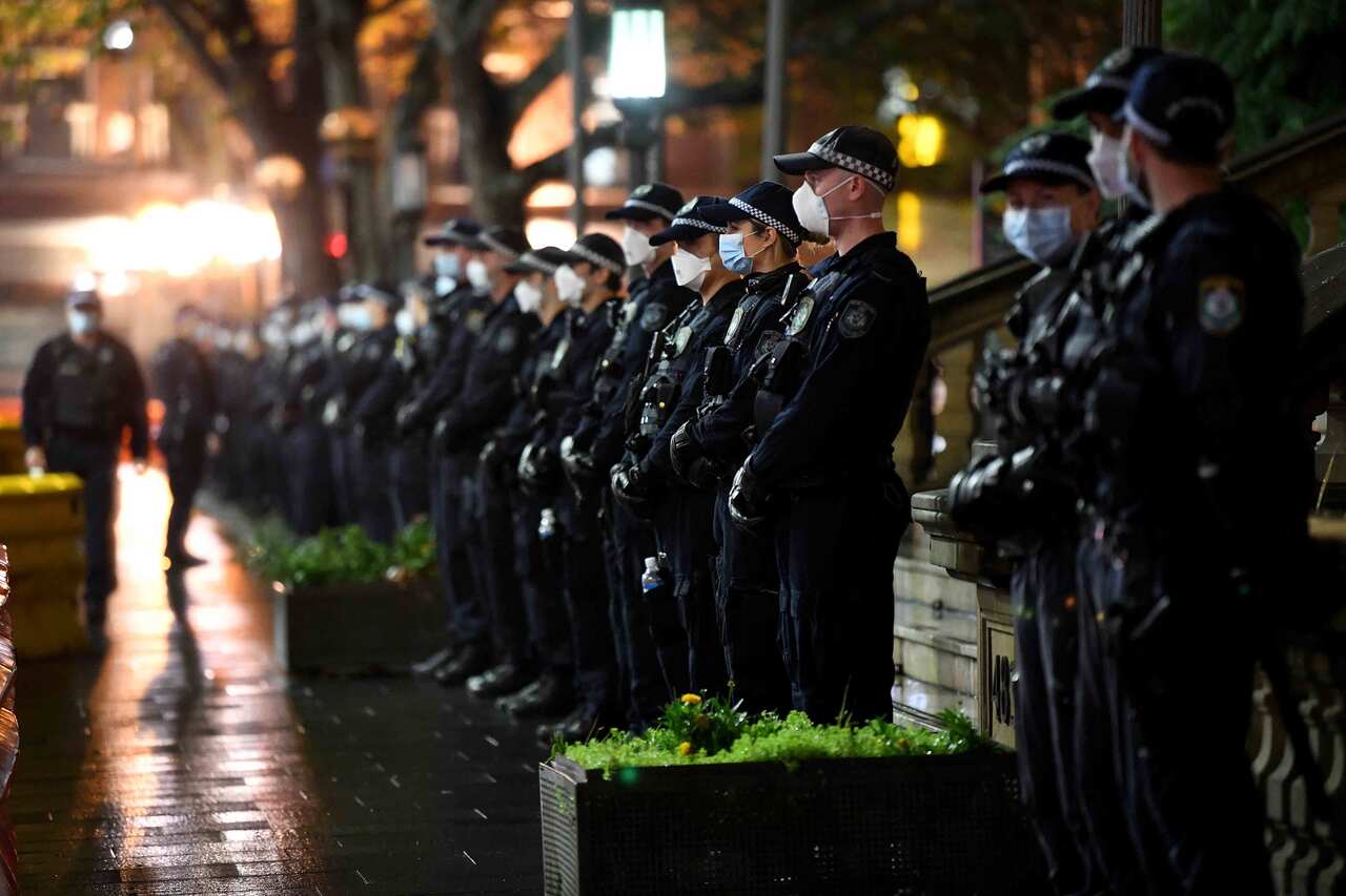 NSW Police ahead of the plaNSW Police standing guard ahead of a previous Black Lives Matter vigil at Sydney Town Hall.nned Black Lives Matter vigil at Sydney Town Hall.