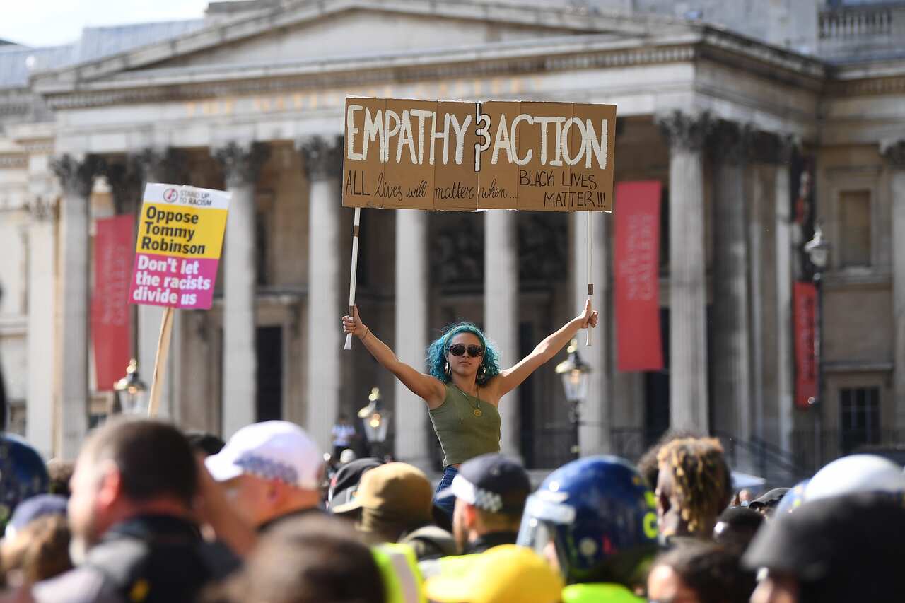 Demonstrators in Trafalgar Square, London.