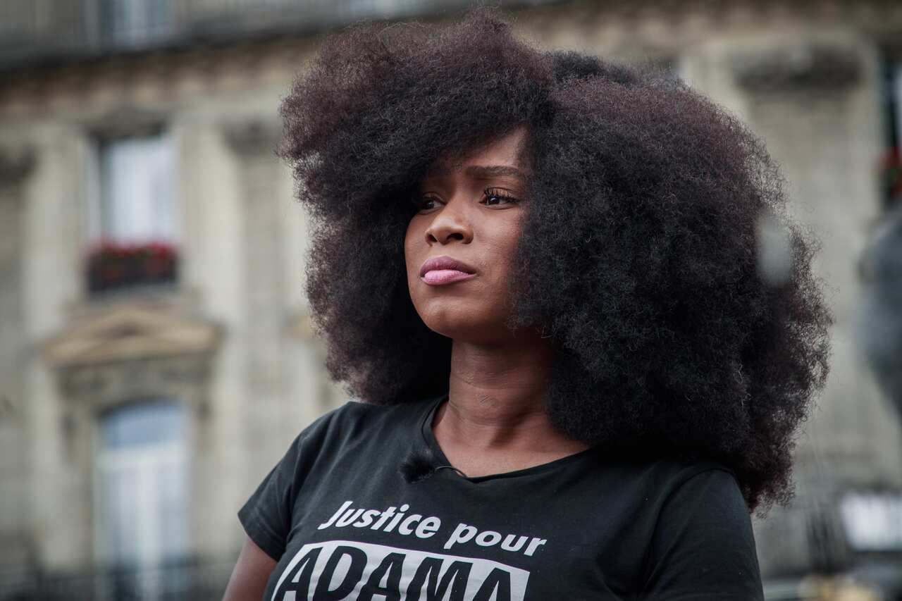 Assa Traore, sister of Adama Traore, speaks prior to a demonstration against police brutality and racism in Paris, France.