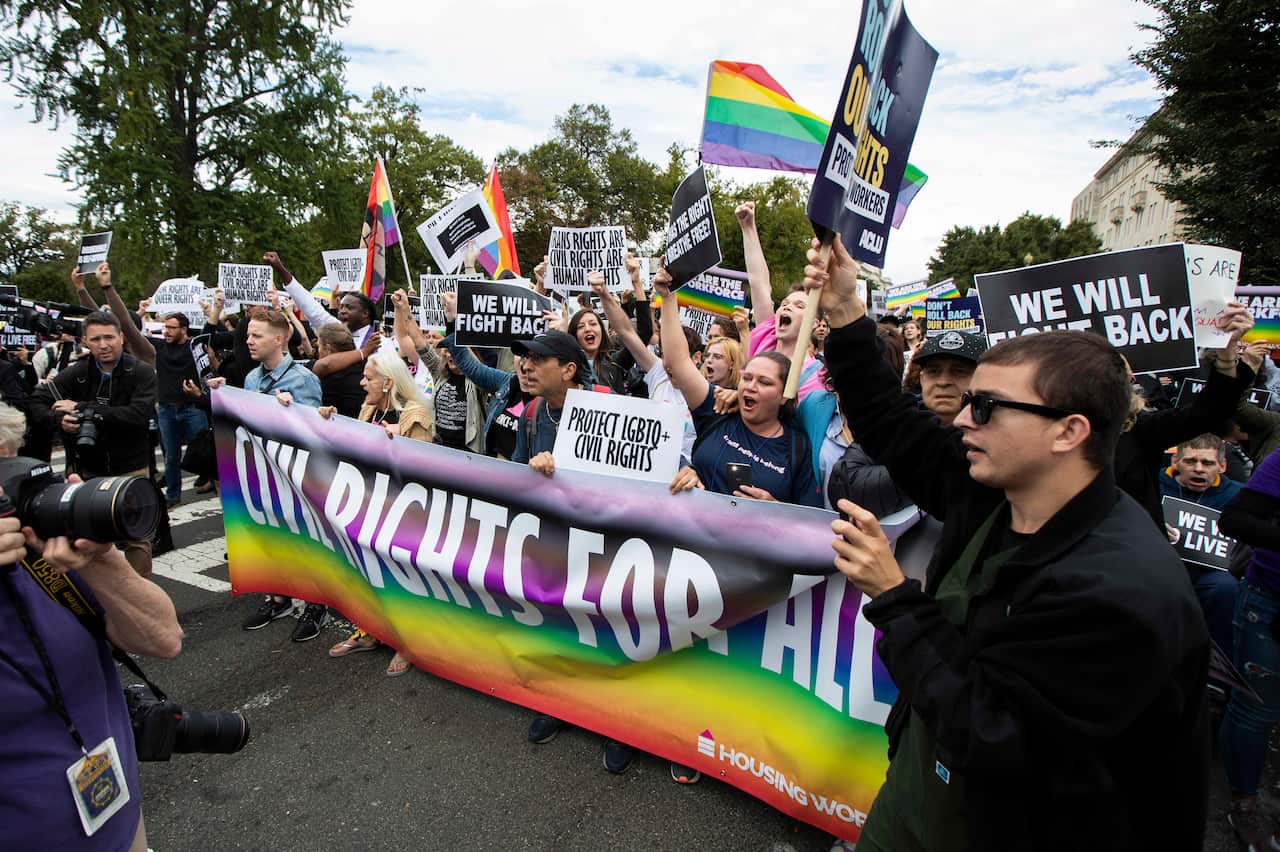 A file photo of supporters of LGBT rights staging a protest on the street in front of the US Supreme Court in Washington. 