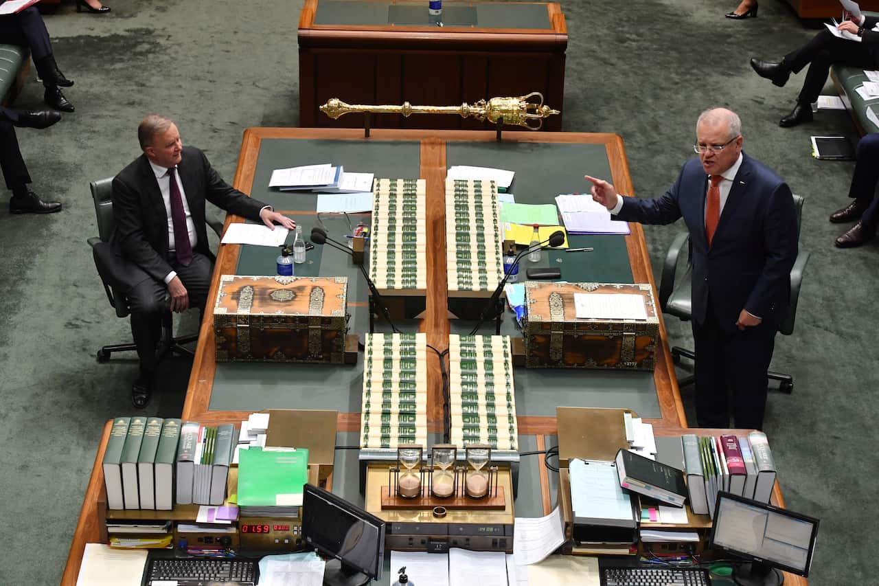 Leader of the Opposition Anthony Albanese and Prime Minister Scott Morrison during Question Time.