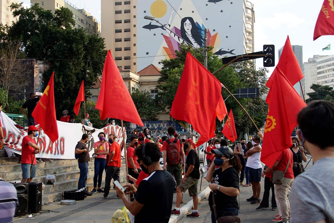Demonstrators protest against the Brazilian President Jair Bolsonaro over his response to coronavirus pandemic in Sao Paulo, Brazil on June 21, 2020. (Photo by Cris Faga/Pacific Press/Sipa USA)