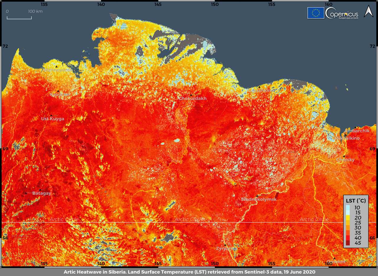 The Land Surface Temperature in Siberia on 23 June 2020.