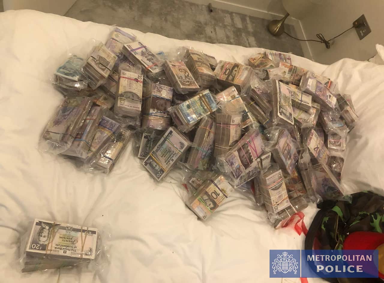 Undated handout photo issued by the Metropolitan Police of a quantity of cash seized by officers in Operation Venetic, an investigation on Encrochat, a military-grade encrypted communication system used by organised criminals trading in drugs and guns.. I
