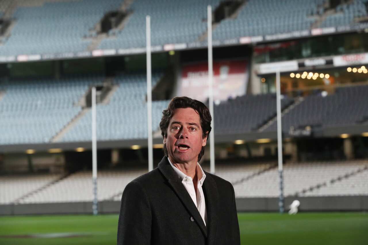 AFL Chief Executive Gillon McLachlan speaks to the media during a press conference in Melbourne, Friday, July 3, 2020. (AAP Image/David Crosling) NO ARCHIVING
