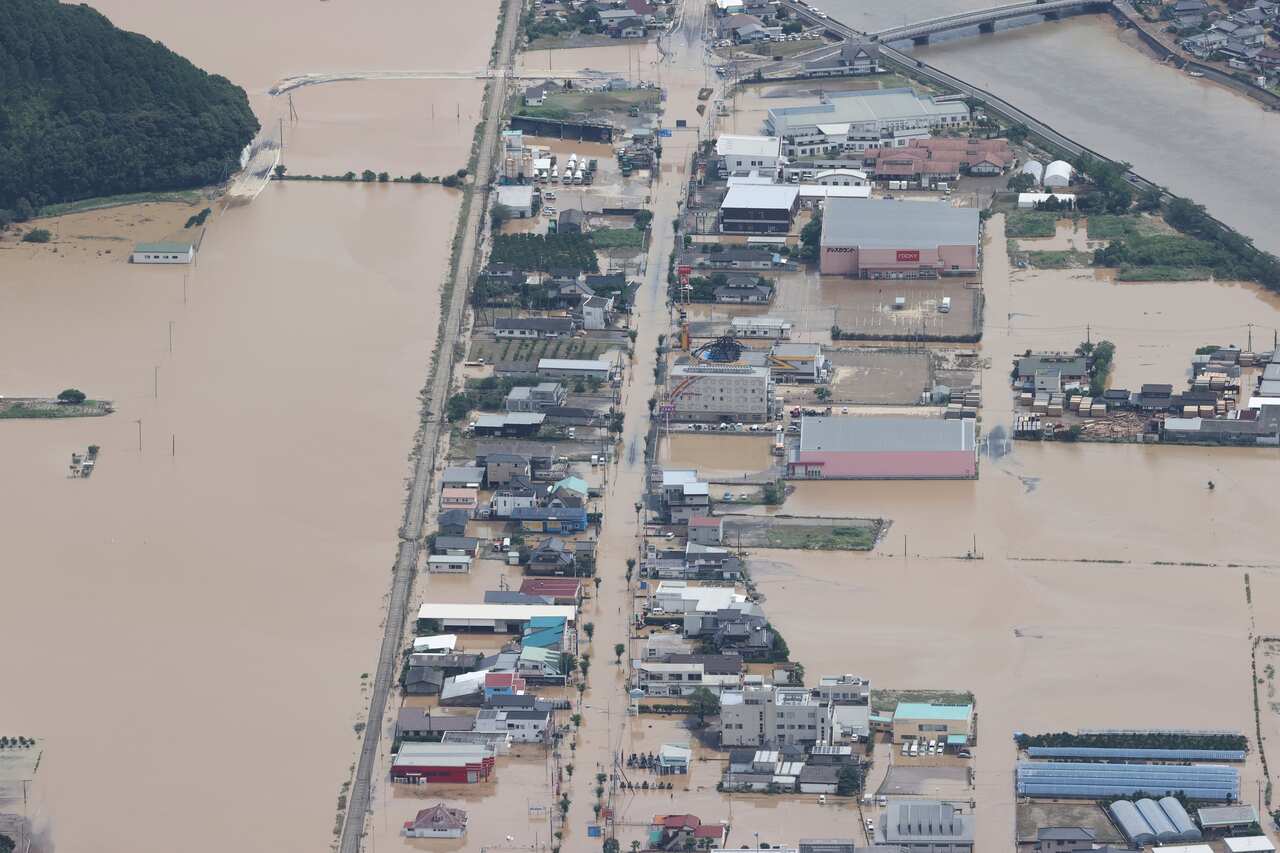 An aerial photo taken from Yomiuri's jetliner shows factories submerged  in Ashikitamachi, Kumamoto Prefecture, Japan.