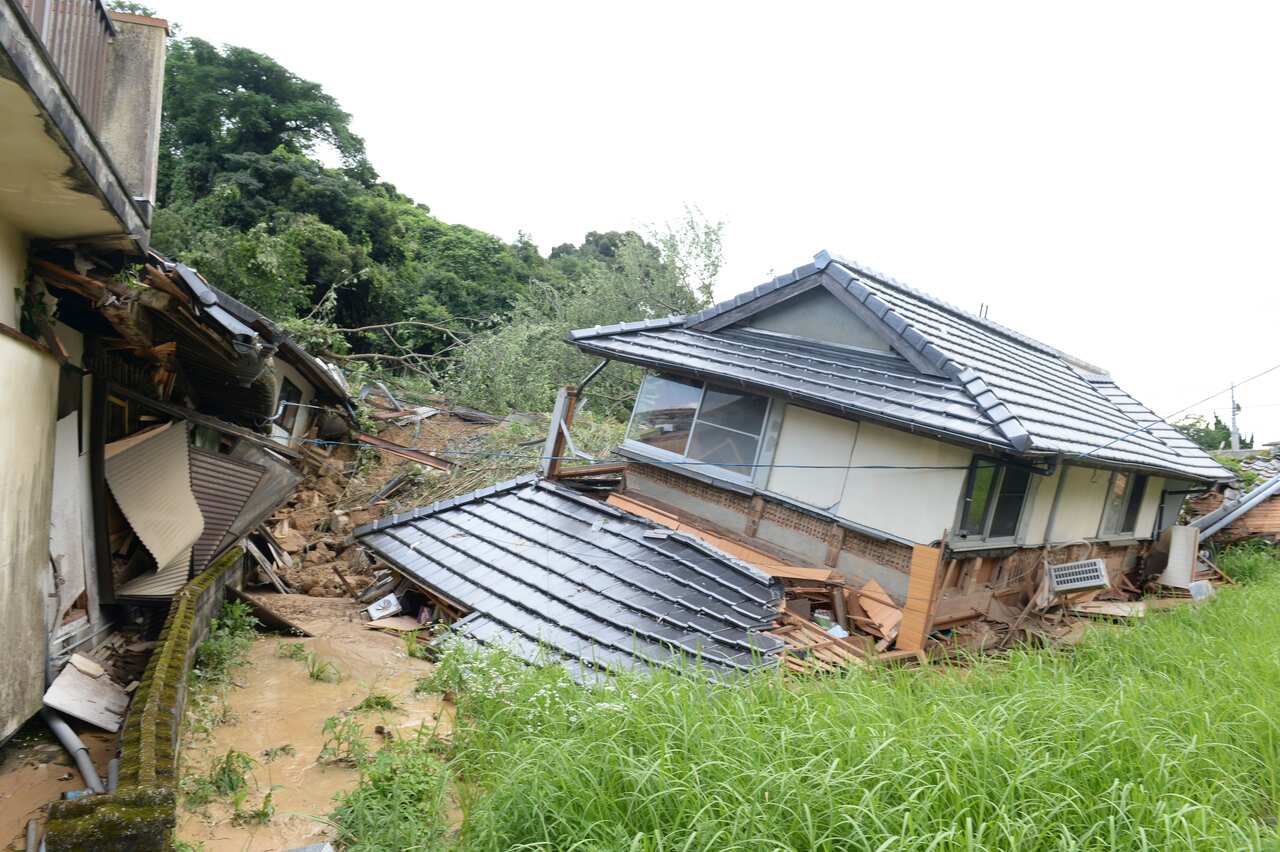 Houses are collapsed by a landslide in Tsunagimachi,  Kumamoto Prefecture, Japan.