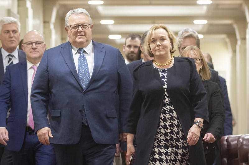 Judith Collins (right) with new deputy leader Gerry Brownlee (left) at New Zealand Parliament in Wellington.