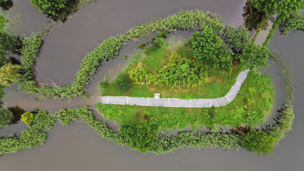 The Yangtze River Park was inundated by rising river water.