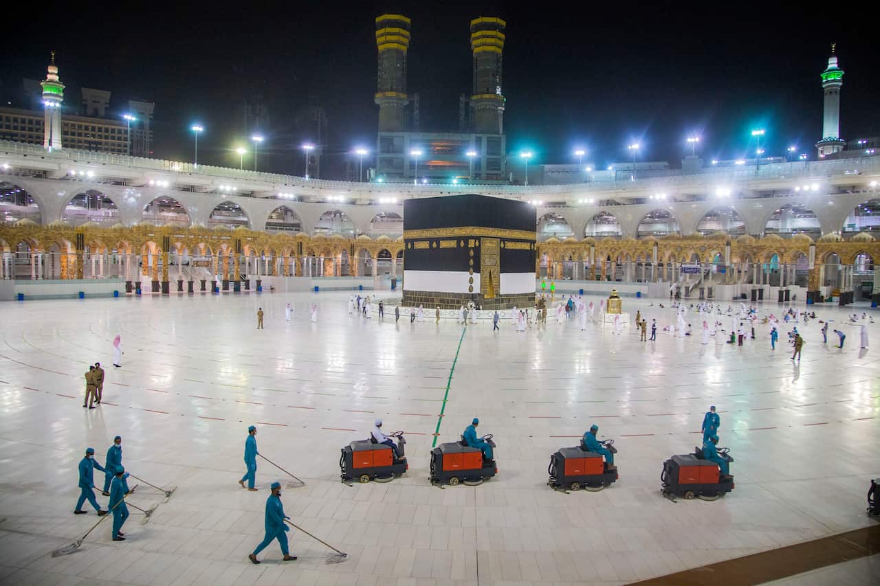 The area around the Kaaba is prepared for pilgrims, in Mecca, Saudi Arabia, Monday, July 27, 2020. 