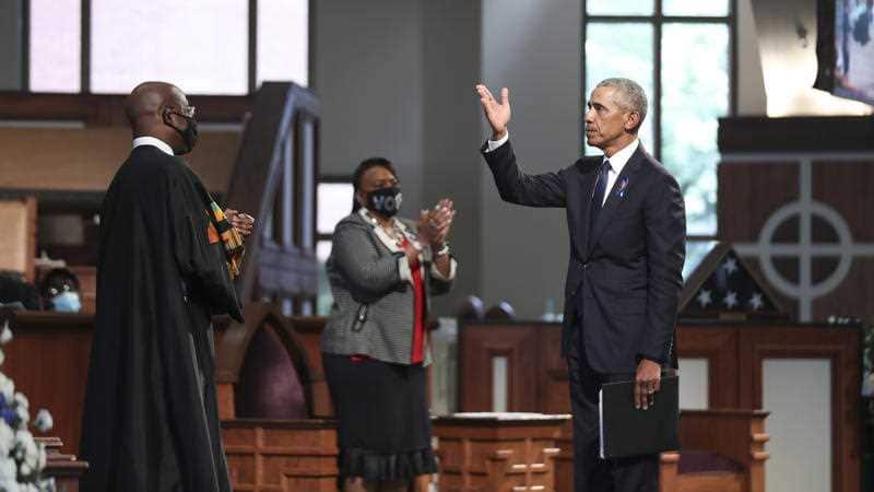 Barack Obama during the funeral for the late John Lewis at the Ebenezer Baptist Church in Atlanta