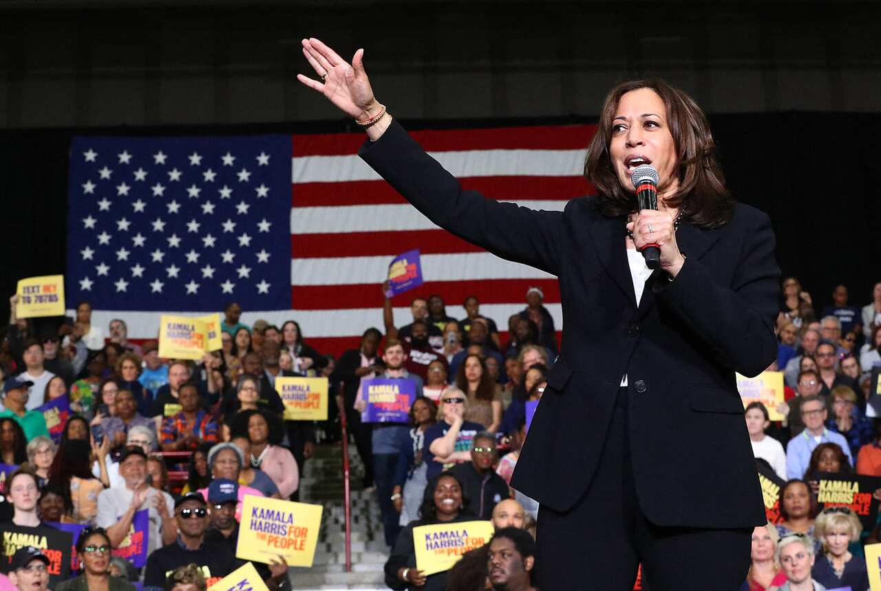 Senator Kamala Harris addresses supporters while holding a campaign rally in Atlanta in 2019.