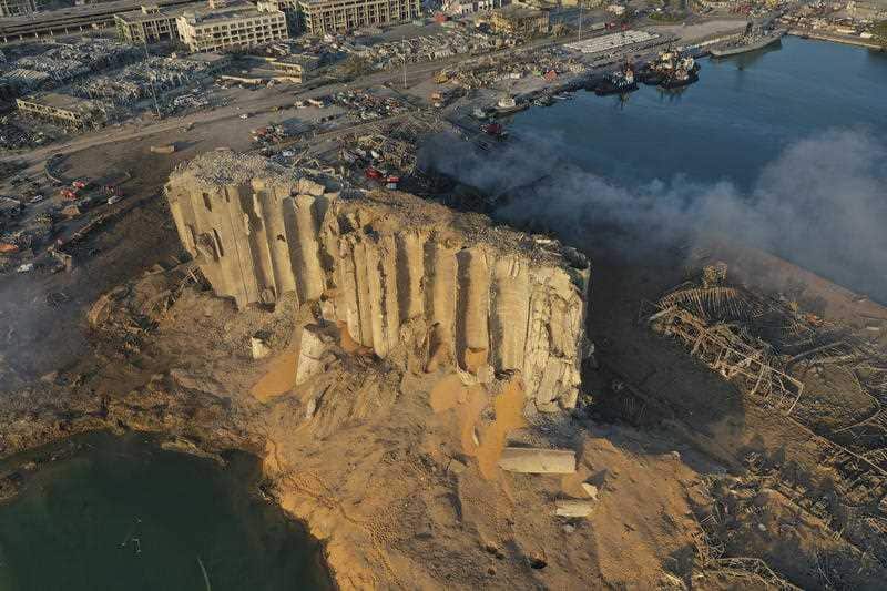 The destroyed silo sits in rubble and debris after an explosion at the seaport of Beirut, Lebanon, Lebanon, Wednesday, Aug. 5, 2020
