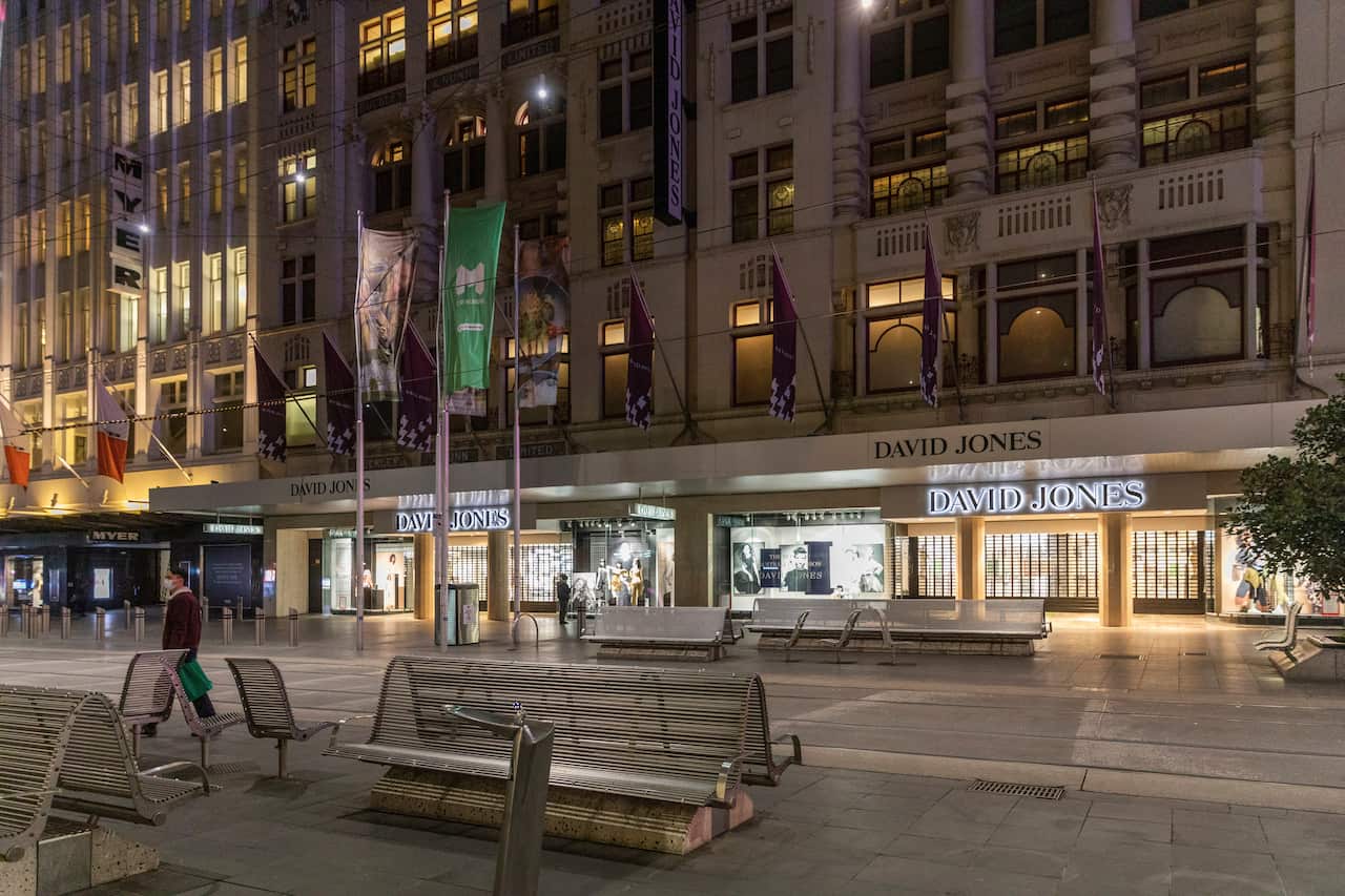 An empty Bourke Street Mall with shops closed as lockdown of Melbourne forces most people to stay at home.