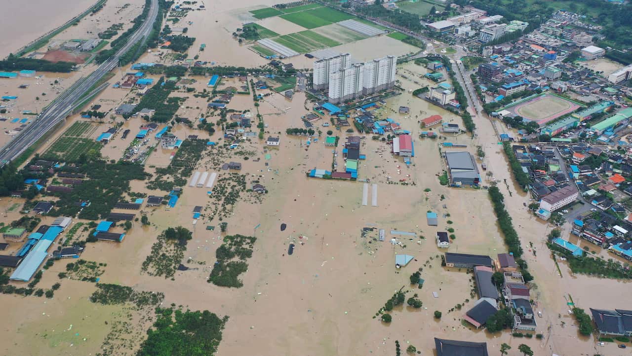 An aerial view shows a village area is flooded due to heavy rain in Gurye, South Korea