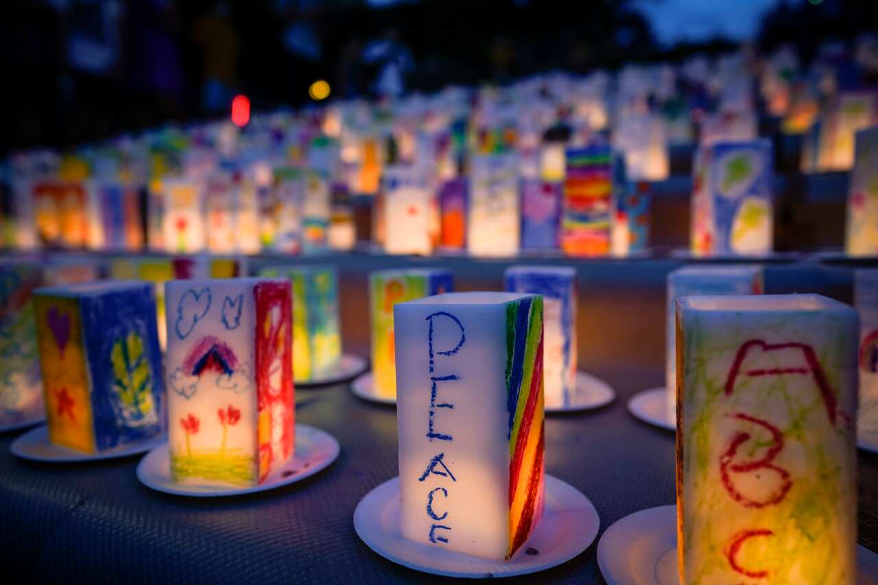 Hundreds of lanterns with messages of peace at the Peace Park in Nagasaki, Japan, as the city commemorates the 75th anniversary of the bombing.