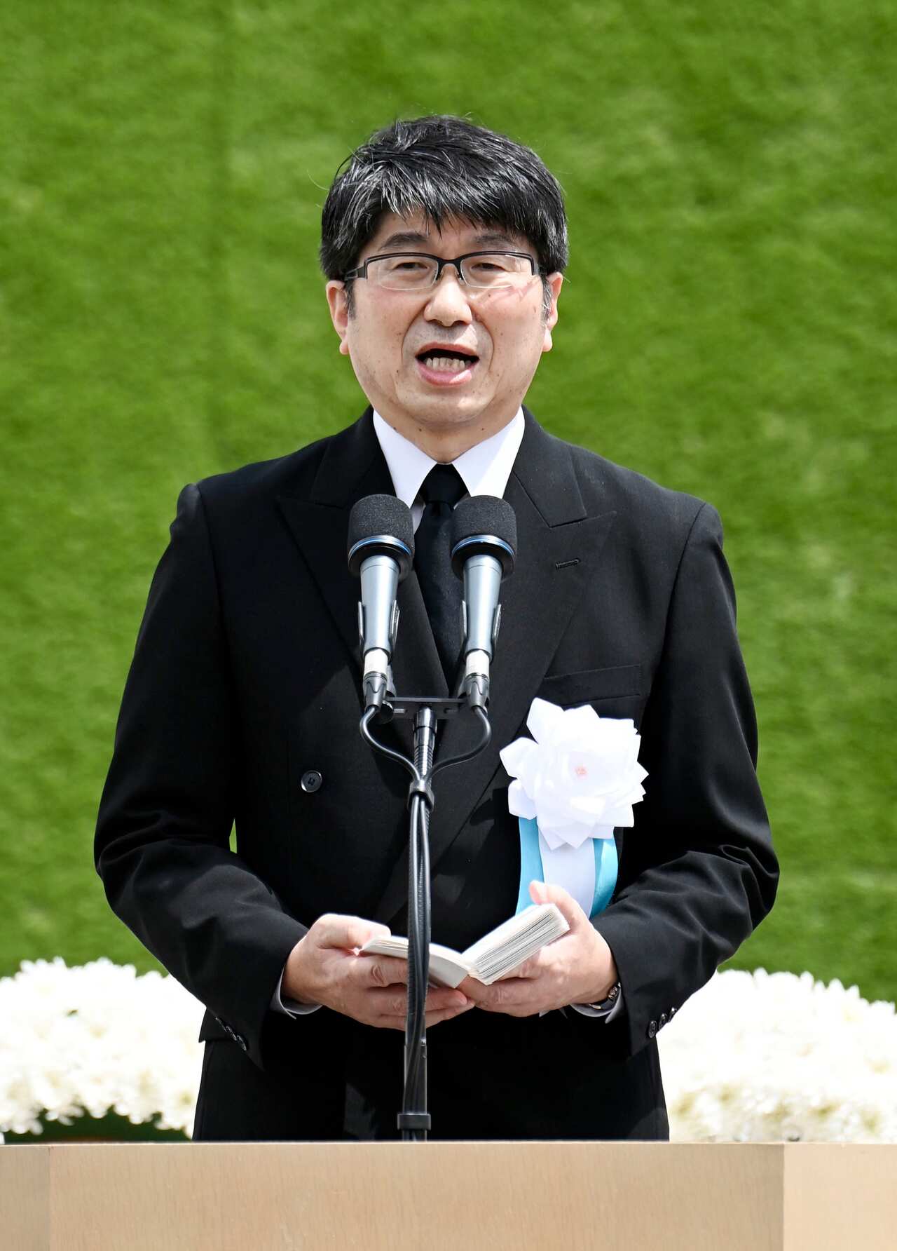 Nagasaki Mayor Tomihisa Taue delivers a speech at a ceremony marking the 75th anniversary of the US atomic bombing of Nagasaki.