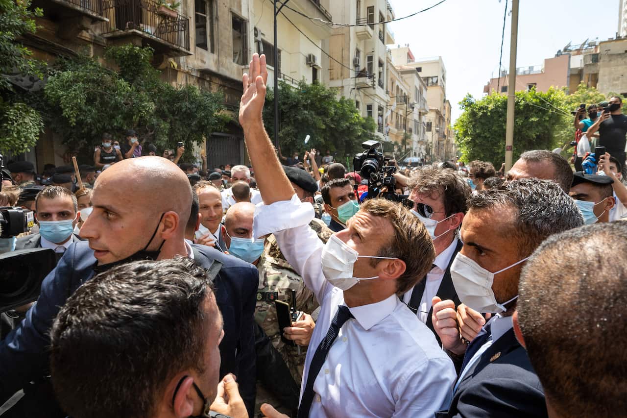 French president Emmanuel Macron meets with Lebanese people in the area of Gemmayze, 2 days after a huge unknown blast took place the port of Beirut, Lebanon on August 6, 2020. Photo by Ammar Abd Rabbo/ABACAPRESS.COM.