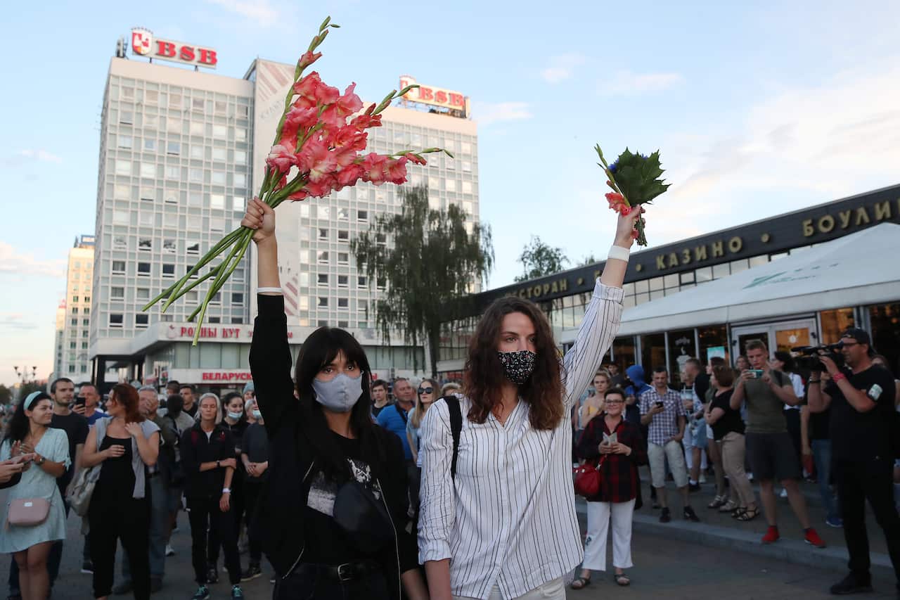 People take part in a protest against the results of the 2020 Belarusian presidential election. 