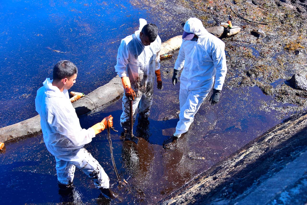 Volunteers take part in the clean up operation in Mahebourg, Mauritius, on 12 August.