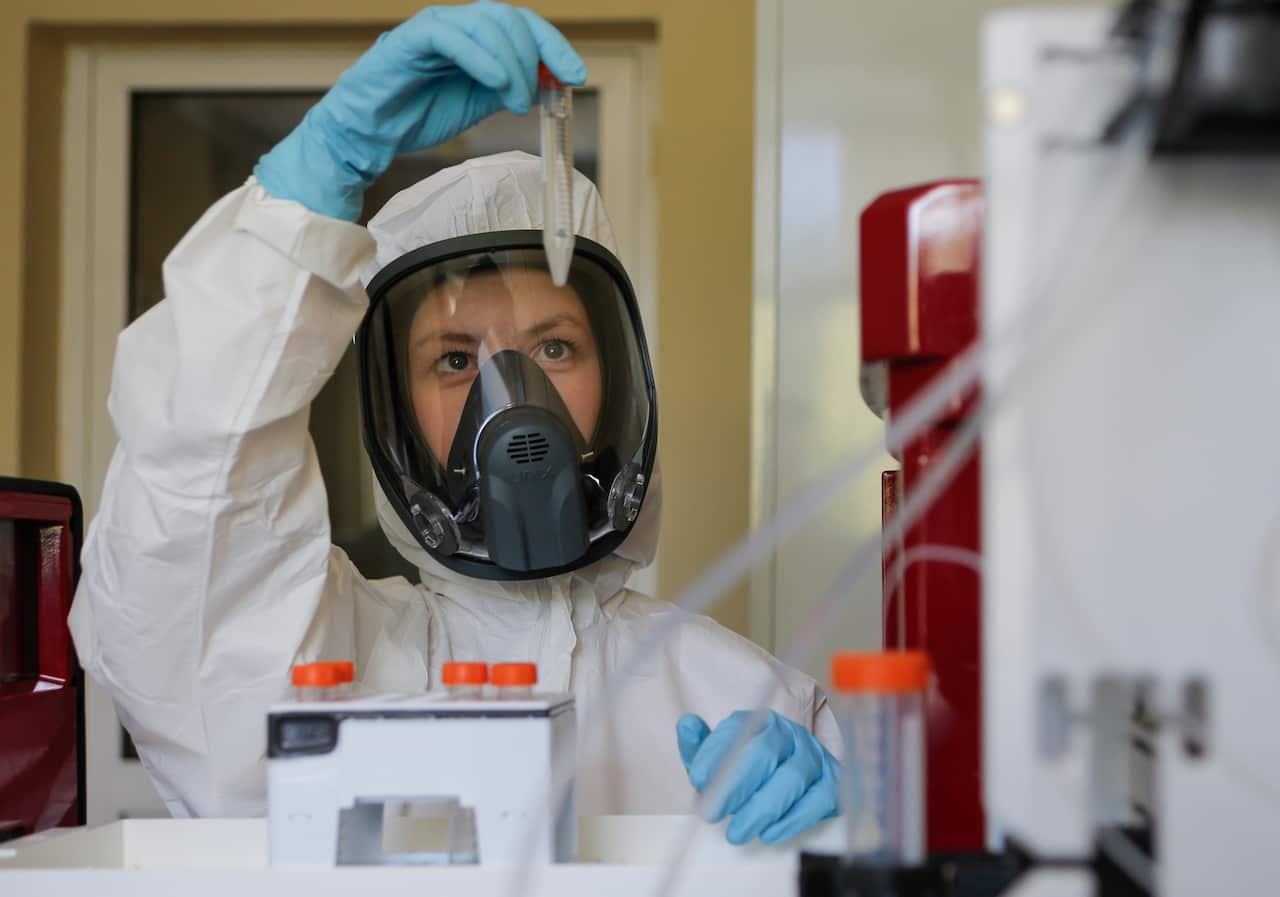 A scientist works on the production of a new two-vector COVID-19 vaccine in Moscow on 06 August.