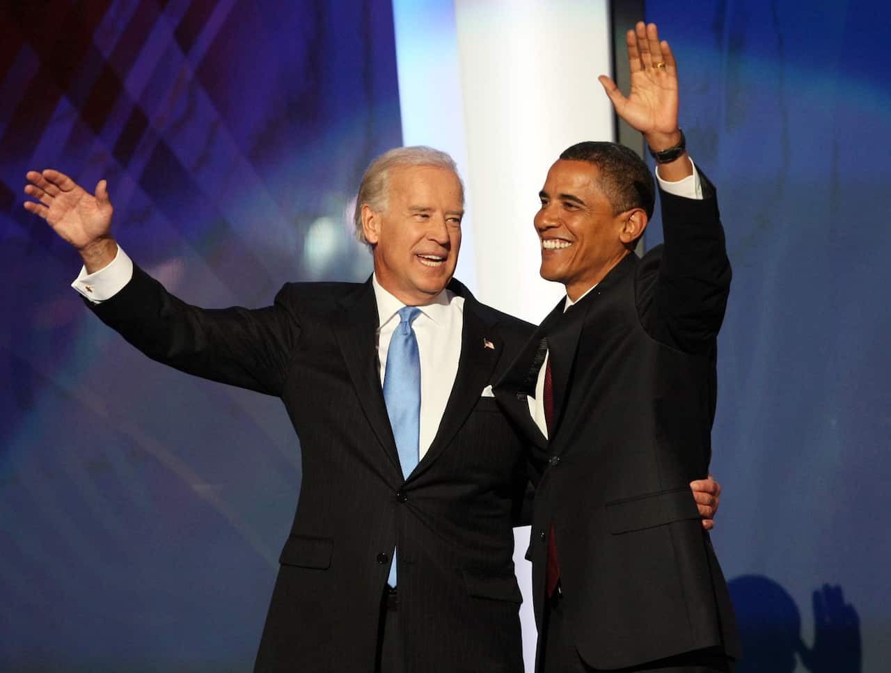 Barack Obama with his then-running mate Joe Biden at the Democratic National Convention in Denver on August 27, 2008.