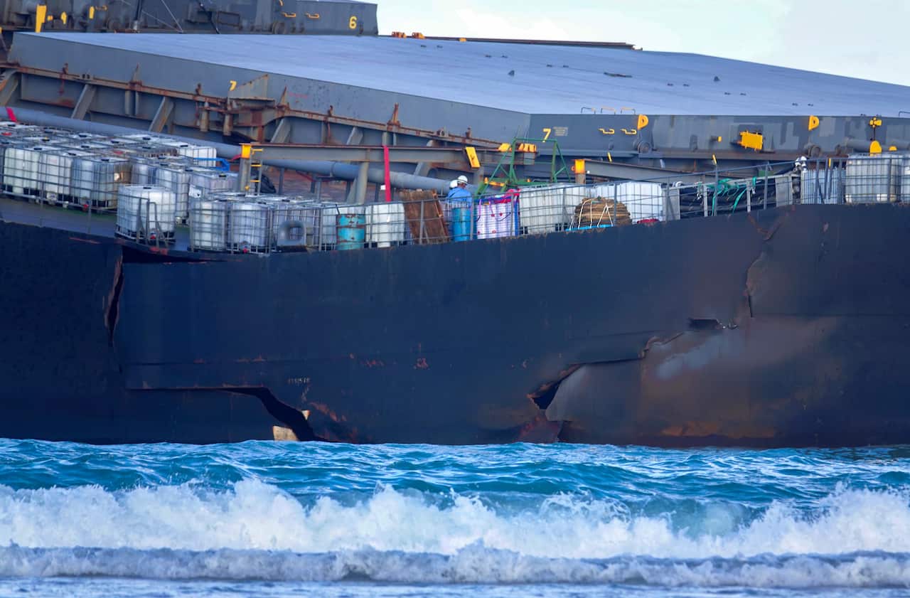 A detailed view of the broken hull of the MV Wakashio after it ran aground off the southeast coast of Mauritius.