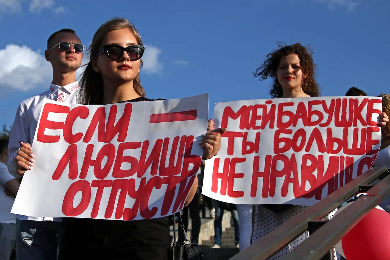 Protesters in Minsk, Belarus, on 15 August.