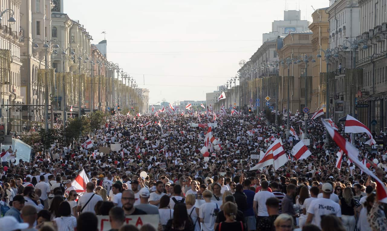 Belarusians attend a rally in support of the Belarusian opposition and the results of the Belarusian presidential election in Minsk, Belarus, 16 August 2020. 