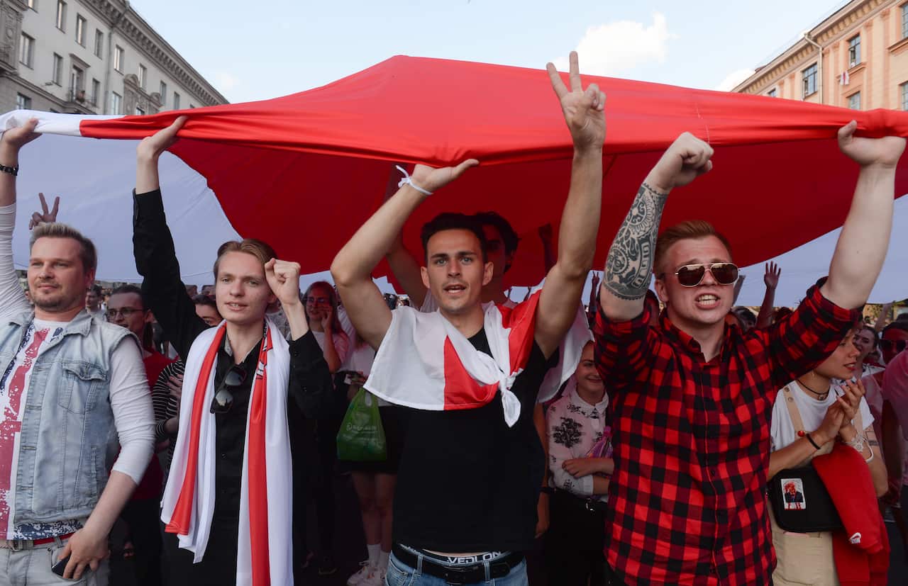 Belarusians attend a rally in support of the opposition, against police brutality and the results of the Belarusian presidential election in Minsk
