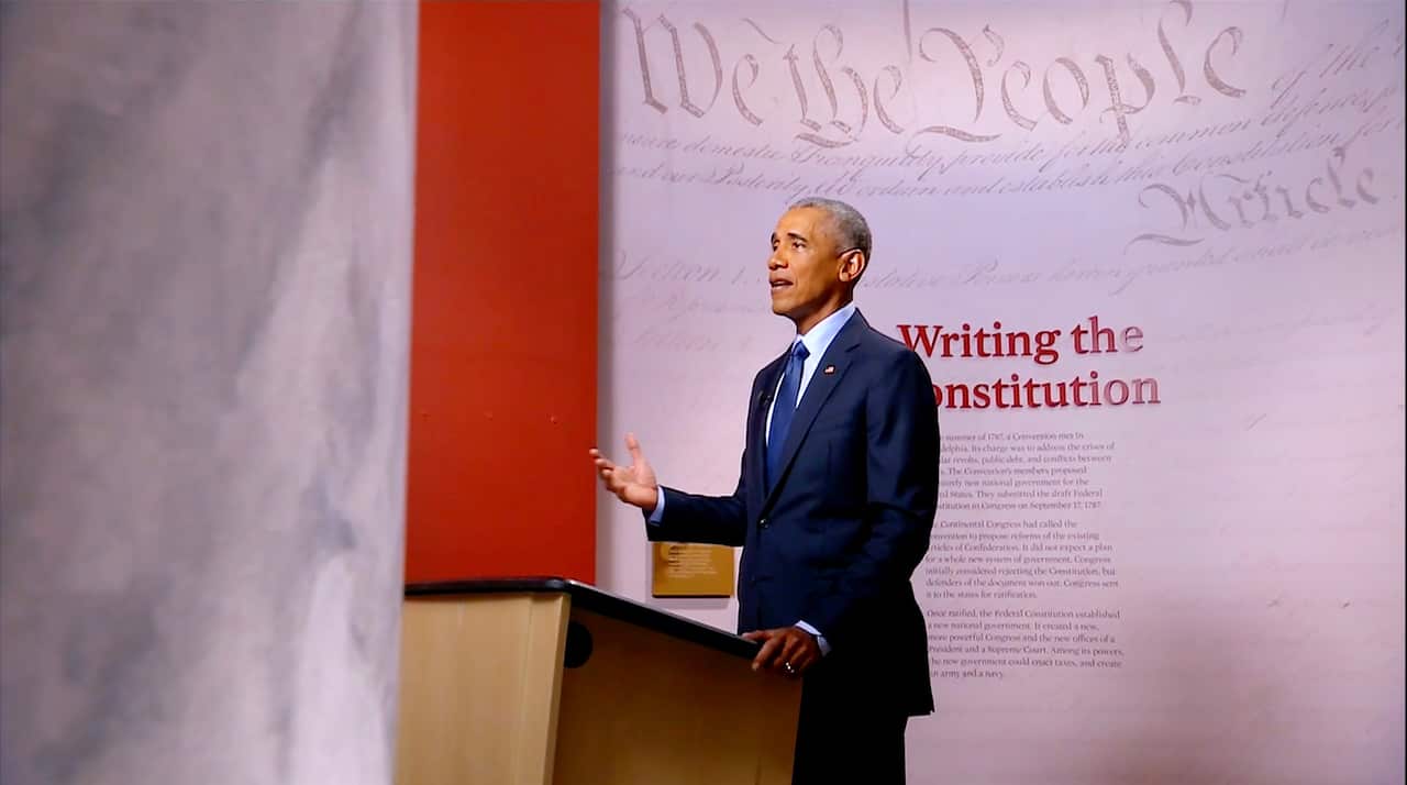 Former US President Barack Obama speaking during the third night of the 2020 Democratic National Convention.