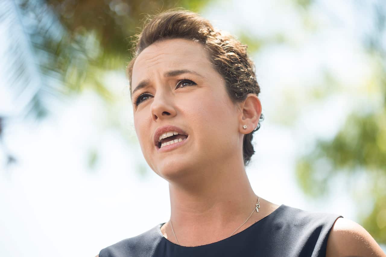 Northern Territory Opposition leader Lia Finocchiaro talks to reporters at a press conference in Darwin.