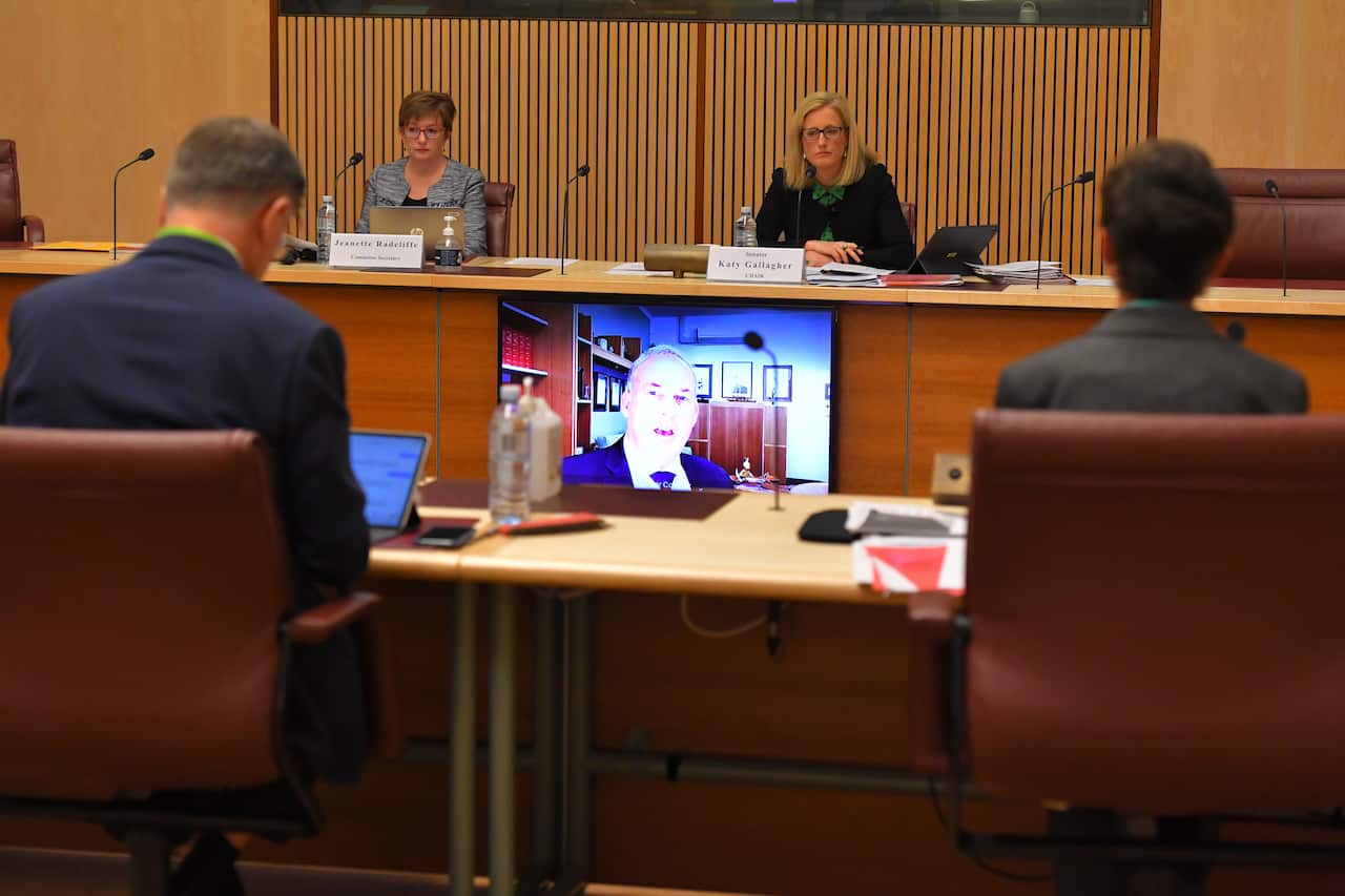 Aged Care Minister Richard Colbeck appears via video link at the Senate inquiry into COVID-19 at Parliament House in Canberra on 21 August.