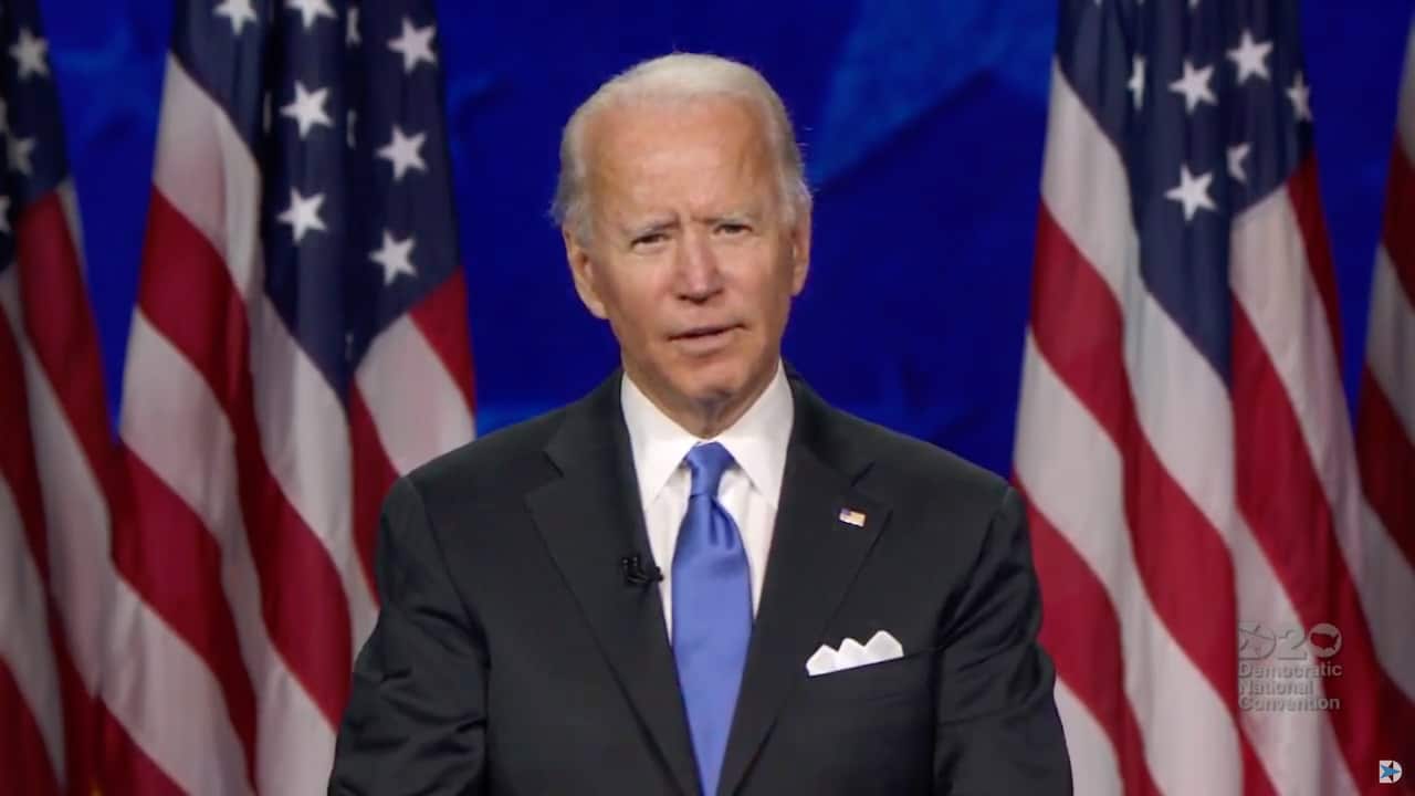 Democratic presidential nominee Joe Biden speaks during the fourth night of the 2020 Democratic National Convention on Wednesday, August 20 2020. Former Vice President Joe Biden is officially nominated as the Democratic candidate for President of the Unit