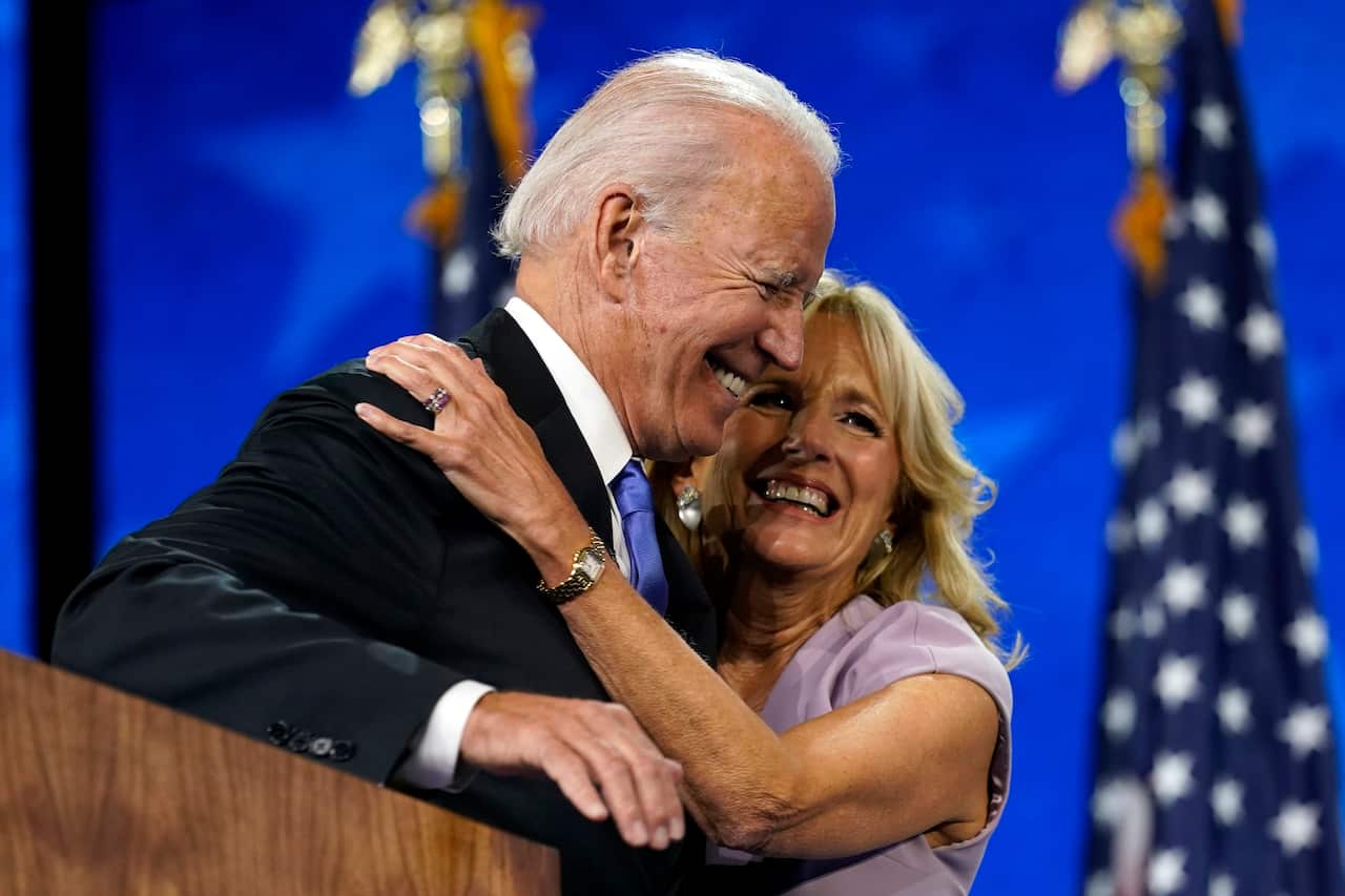 President-elect Joe Biden hugs his wife Jill Biden after his speech during the Democratic National Convention.