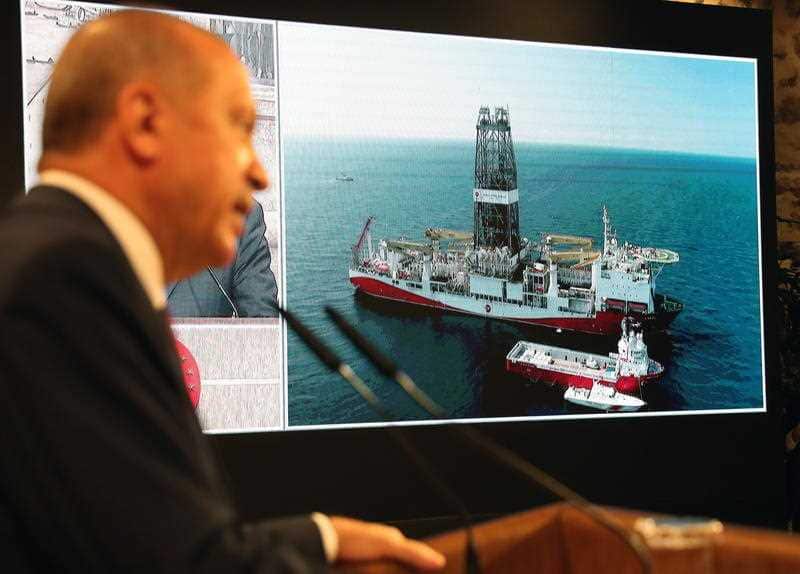 Turkish President Recep Tayyip Erdogan in a video conference with Turkish drilling vessel Fatih announcing the biggest natural gas discovery in Istanbul.