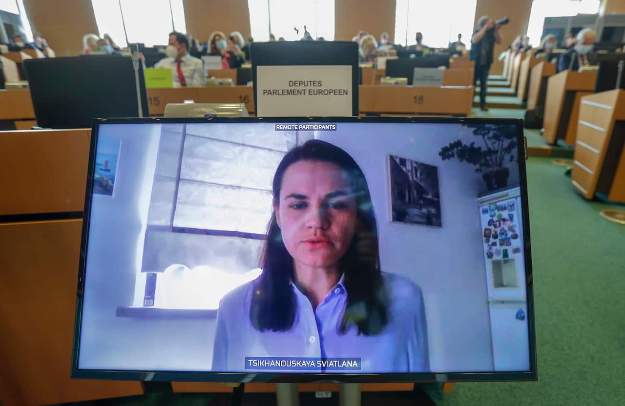 Ms Tikhanovskaya speaks via video call at the EU parliament. 