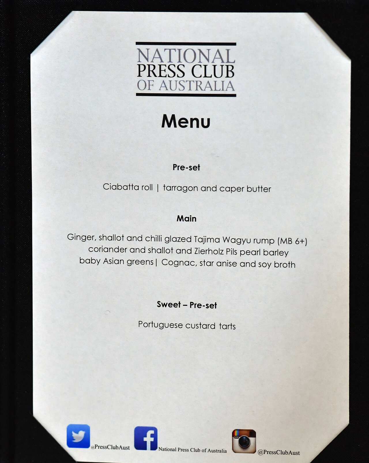 The menu at the National Press Club in Canberra, Wednesday.