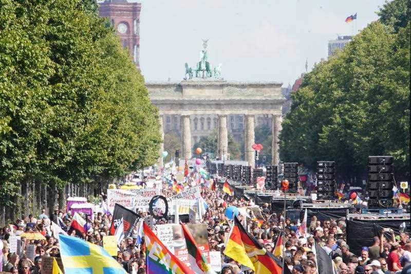 Demonstrators during a protest against coronavirus pandemic regulations in front of Brandenburg Gate in Berlin.