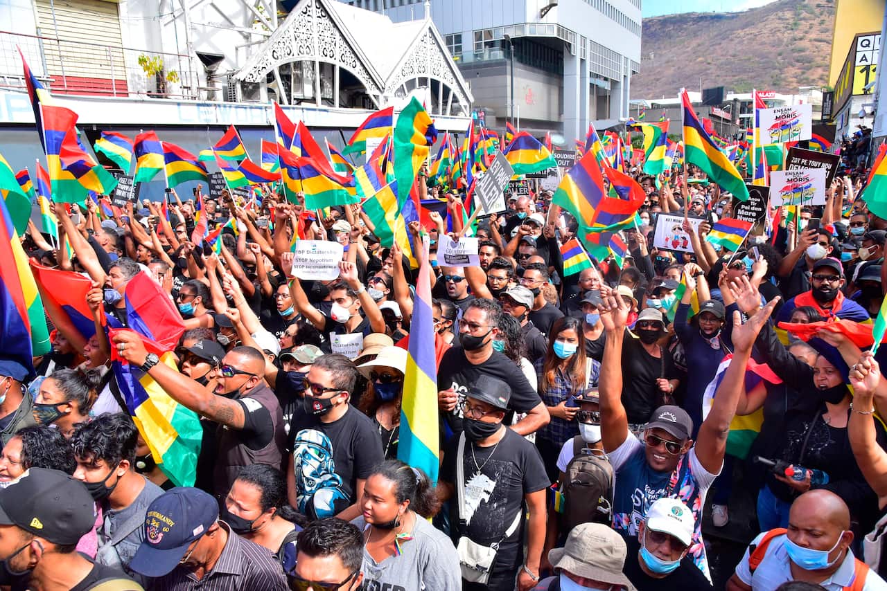 Tens of thousands of people protest in Port Louis, Mauritius, Saturday 29 Aug. 2020.