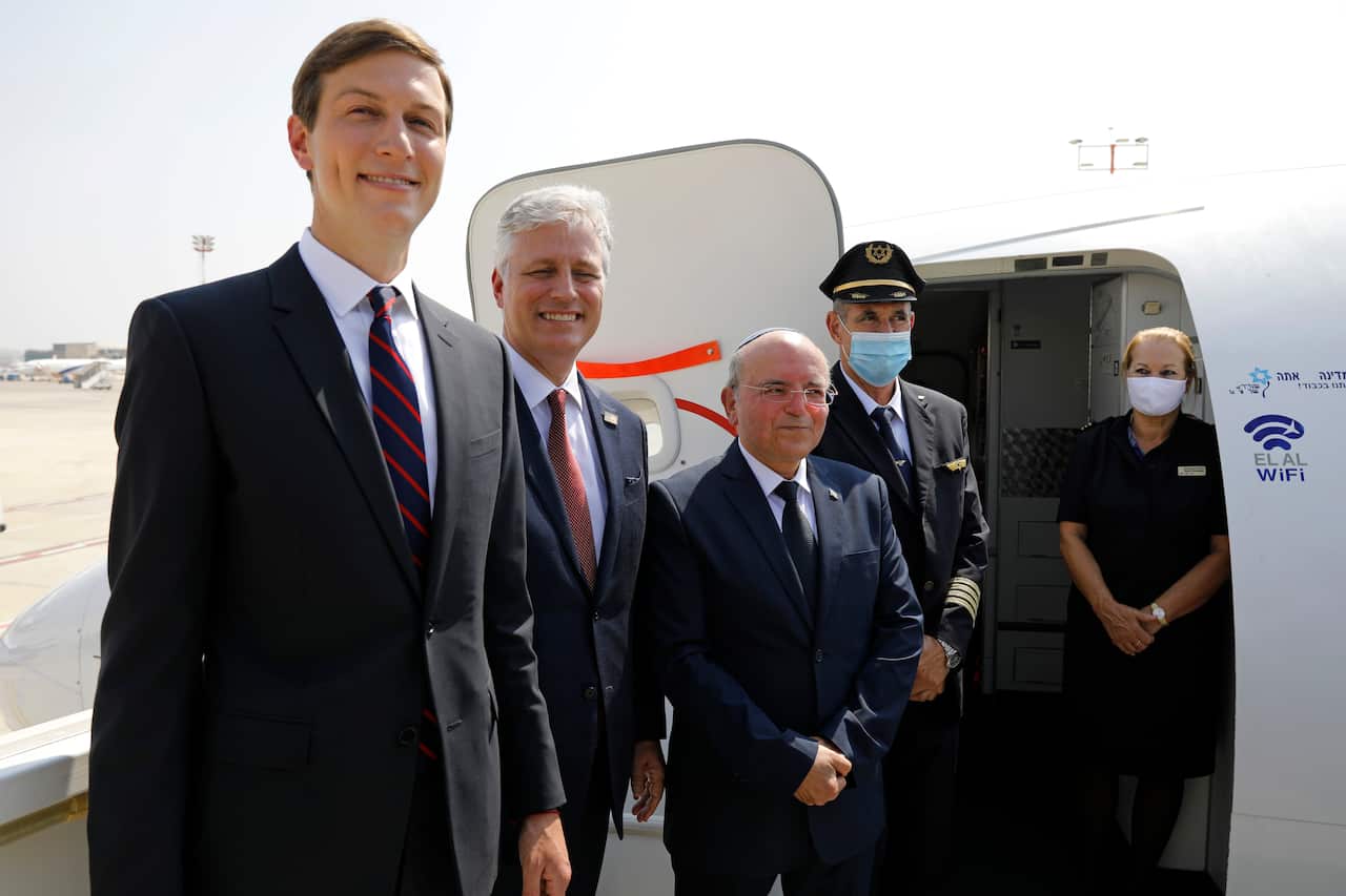 U.S. Senior adviser Jared Kushner, U.S. National Security Advisor Robert O'Brien, and Israeli National Security Advisor Meir Ben-Shabbat,